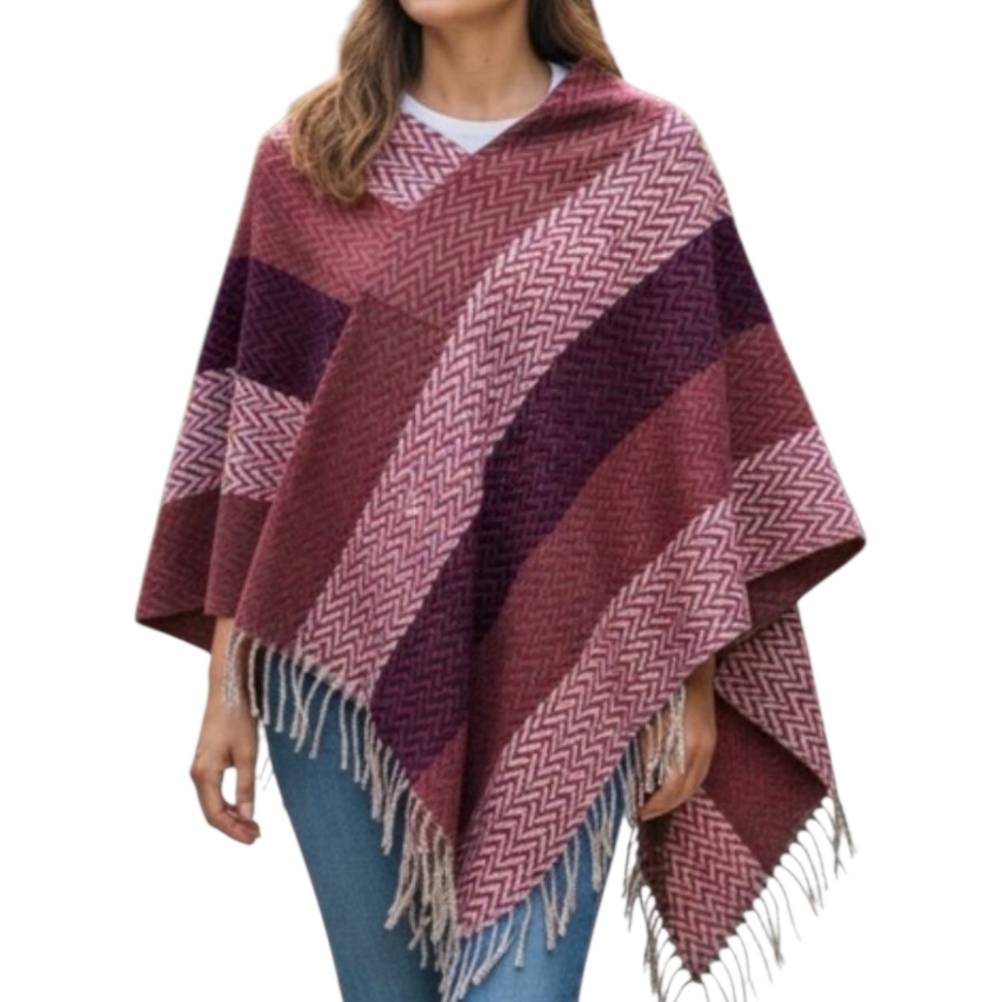 Fadivo Striped Woven Poncho Cape Shawl with Fringe Burgundy Red Bohemian Medium